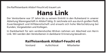 Traueranzeige von Hans Link von Der Bote