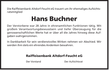 Traueranzeige von Hans Buchner von Der Bote