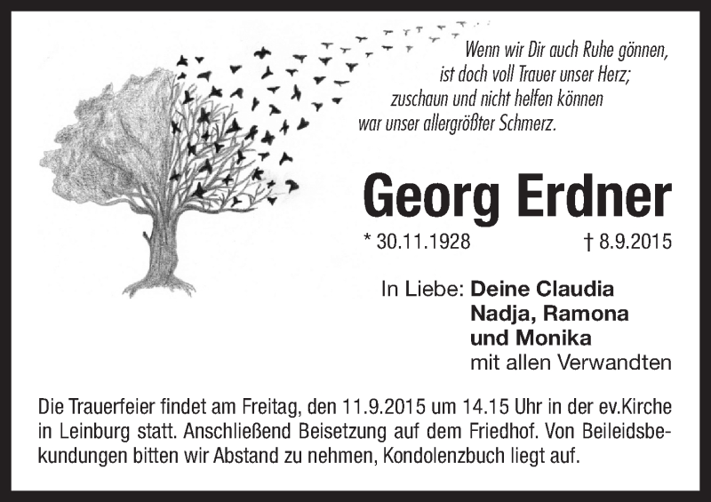  Traueranzeige für Georg Erdner vom 09.09.2015 aus Pegnitz-Zeitung