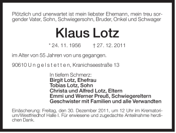 Traueranzeige von Klaus Lotz von Der Bote
