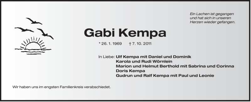  Traueranzeige für Gabi Kempa vom 15.10.2011 aus Der Bote