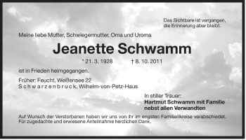 Traueranzeige von Jeanette Schwamm von Der Bote