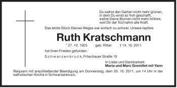 Traueranzeige von Ruth Kratschmann von Der Bote