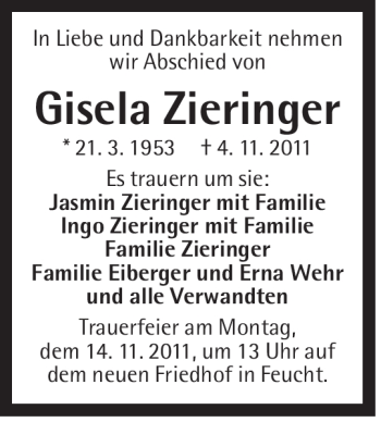 Traueranzeige von Gisela Zieringer von Der Bote