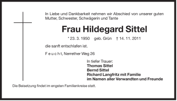 Traueranzeige von Hildegard Sittel von Der Bote
