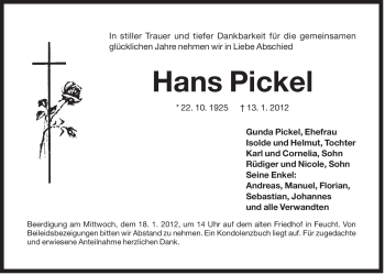 Traueranzeige von Hans Pickel von Der Bote