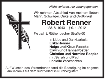Traueranzeige von Robert Renner von Der Bote