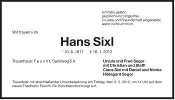 Traueranzeige von Hans Sixl von Der Bote