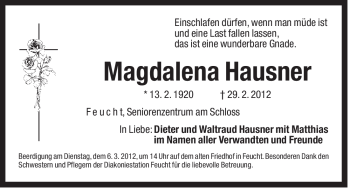 Traueranzeige von Magdalena Hausner von Der Bote