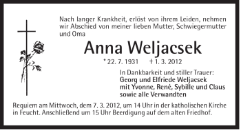 Traueranzeige von Anna Weljacsek von Der Bote