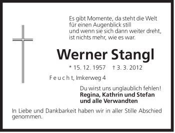 Traueranzeige von Werner Stangl von Der Bote