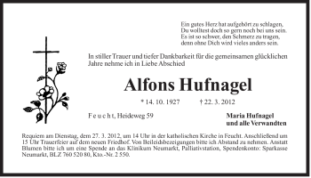 Traueranzeige von Alfons Hufnagel von Der Bote