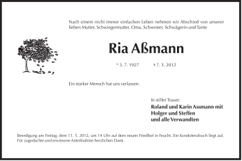 Traueranzeige von Ria Aßmann von Der Bote