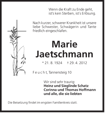 Traueranzeige von Marie Jaetschmann von Der Bote