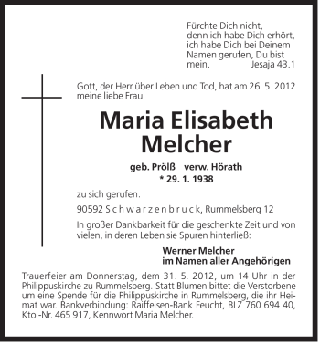 Traueranzeige von Maria Elisabeth Melcher von Der Bote