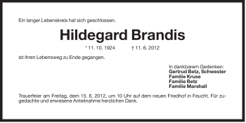 Traueranzeige von Hildegard Brandis von Der Bote
