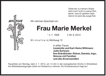 Traueranzeige von Marie Merkel von Der Bote
