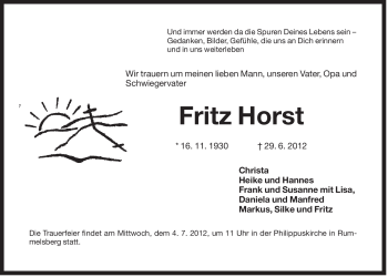 Traueranzeige von Fritz Horst von Der Bote