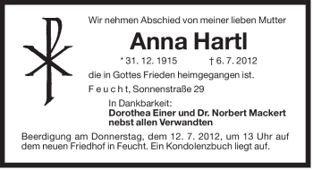 Traueranzeige von Anna Hartl von Der Bote