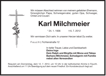 Traueranzeige von Karl Milchmeier von Der Bote