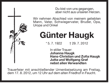 Traueranzeige von Günter Haugk von Der Bote