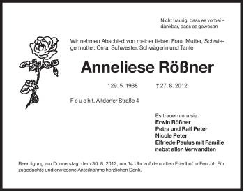 Traueranzeige von Anneliese Rößner von Der Bote