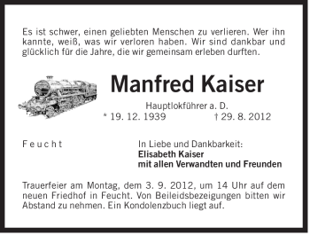 Traueranzeige von Manfred Kaiser von Der Bote