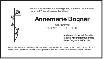 Traueranzeige von Annemarie Bogner von Der Bote