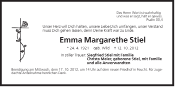Traueranzeige von Emma Margarethe Stiel von Der Bote