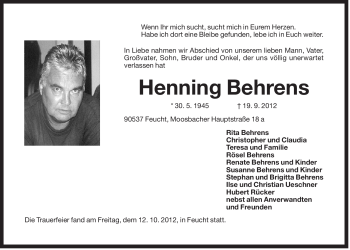 Traueranzeige von Henning Behrens von Der Bote