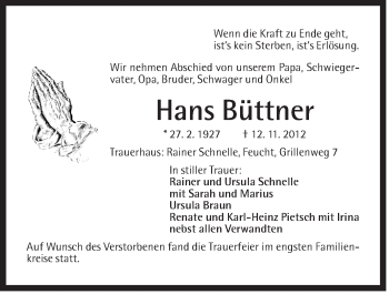 Traueranzeige von Hans Büttner von Der Bote