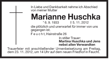 Traueranzeige von Marianne Huschka von Der Bote