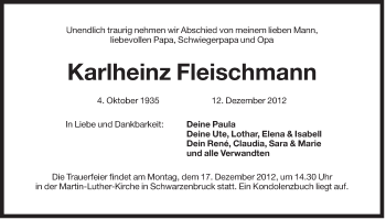 Traueranzeige von Karlheinz Fleischmann von Der Bote