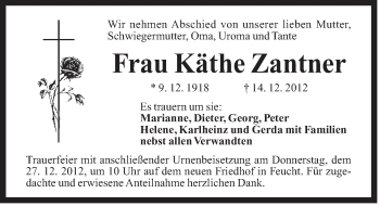 Traueranzeige von Käthe Zantner von Der Bote