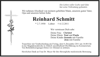 Traueranzeige von Reinhard Schmitt von Der Bote