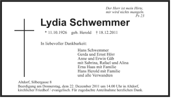 Traueranzeige von Lydia Schwemmer von Der Bote