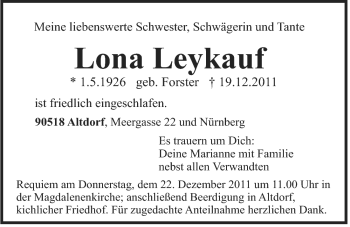 Traueranzeige von Lona Leykauf von Der Bote