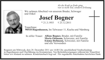 Traueranzeige von Josef Bogner von Der Bote