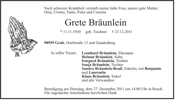 Traueranzeige von Grete Bräunlein von Der Bote