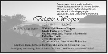 Traueranzeige von Brigitte Wagner von Der Bote