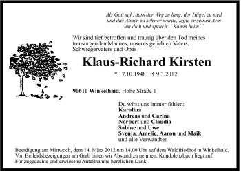 Traueranzeige von Klaus-Richard Kirsten von Der Bote