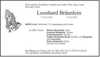 Traueranzeige von Leonhard Bräunlein von Der Bote