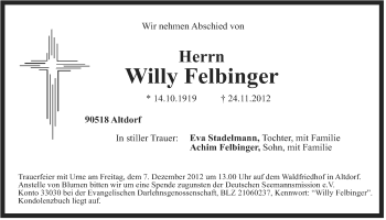 Traueranzeige von Willy Felbinger von Der Bote