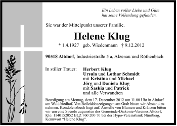 Traueranzeige von Helene Klug von Der Bote