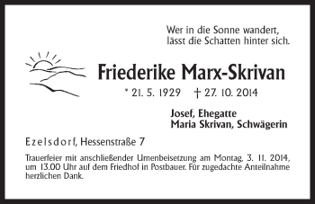 Traueranzeige von Friederike Marx-Skrivan von Der Bote