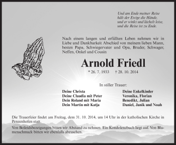 Traueranzeige von Arnold Friedl von Der Bote