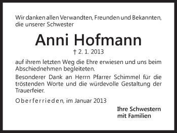 Traueranzeige von Anni Hofmann von Der Bote