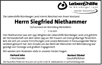 Traueranzeige von Siegfried Niethammer von Der Bote