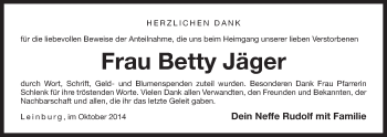 Traueranzeige von Betty Jäger von Der Bote