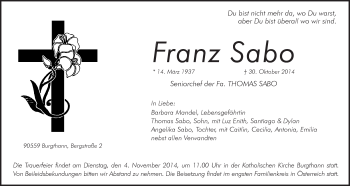 Traueranzeige von Franz Sabo von Der Bote